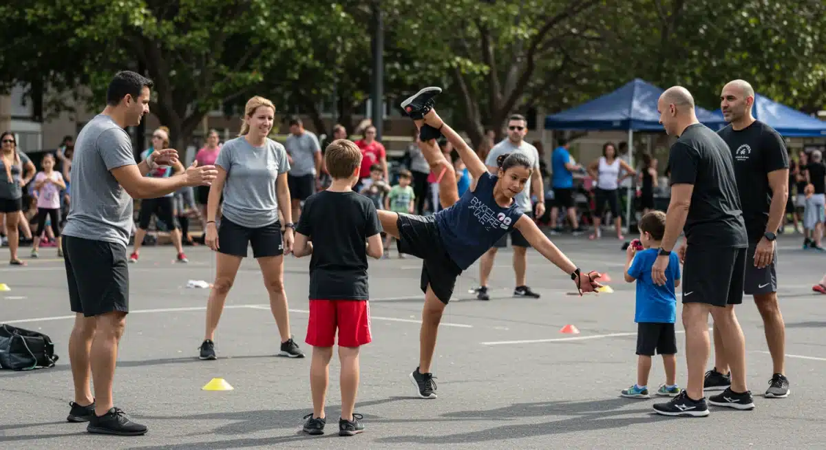 Festival deportivo comunitario con familias y atletas de todas las edades participando en diversas actividades, promoviendo la integración y el deporte.