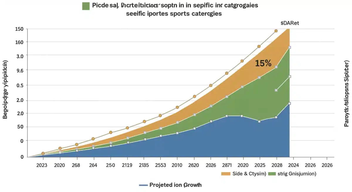 Gráfico de barras ascendente mostrando la proyección de crecimiento del 15% en participación para deportes como pickleball y trail running hasta 2026.