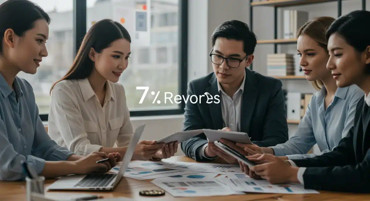 Grupo de inversores revisando documentos financieros y propiedades para lograr un 7% de retorno.