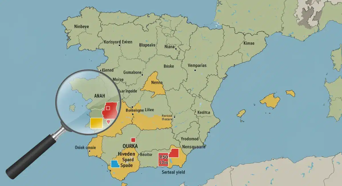 Mapa de España con zonas destacadas de potencial de inversión inmobiliaria y rendimiento de alquiler.