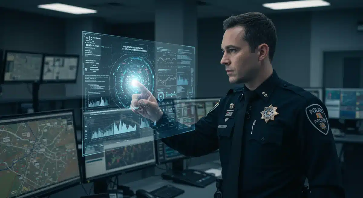 Oficial de policía interactuando con pantalla holográfica de datos de seguridad en un centro de mando moderno.