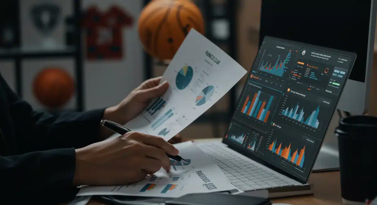 Persona revisando meticulosamente un presupuesto deportivo en una computadora, con gráficos y datos.