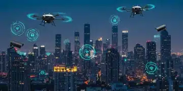 Ciudad futurista con drones policiales y cámaras inteligentes, representando la seguridad pública avanzada de 2026.
