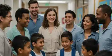 Padres, docentes y niños colaborando en la escuela para el éxito educativo.