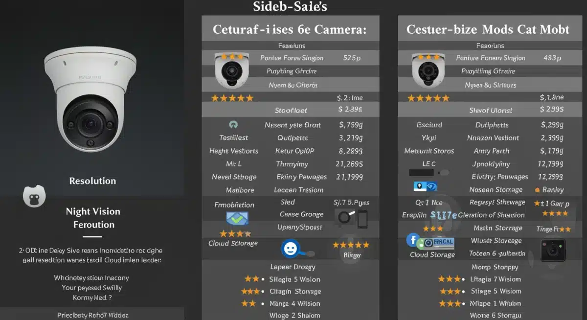 Tabla comparativa de características y precios de tres modelos de cámaras de seguridad.