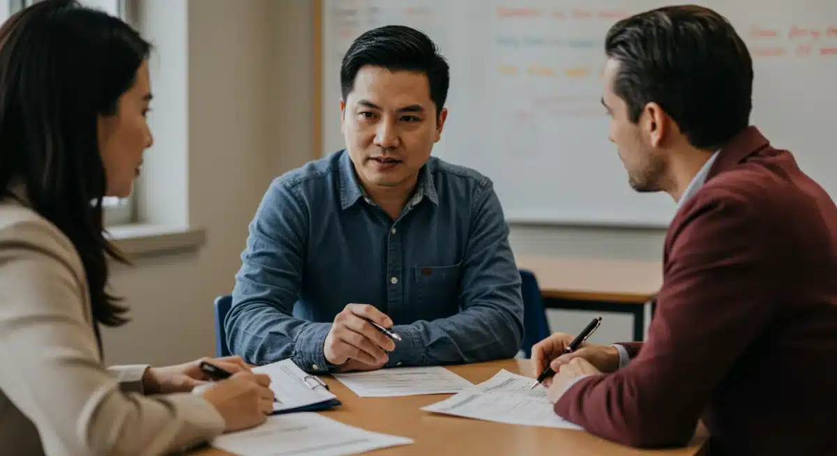 Padre y docente conversando sobre el progreso del estudiante en una reunión escolar.