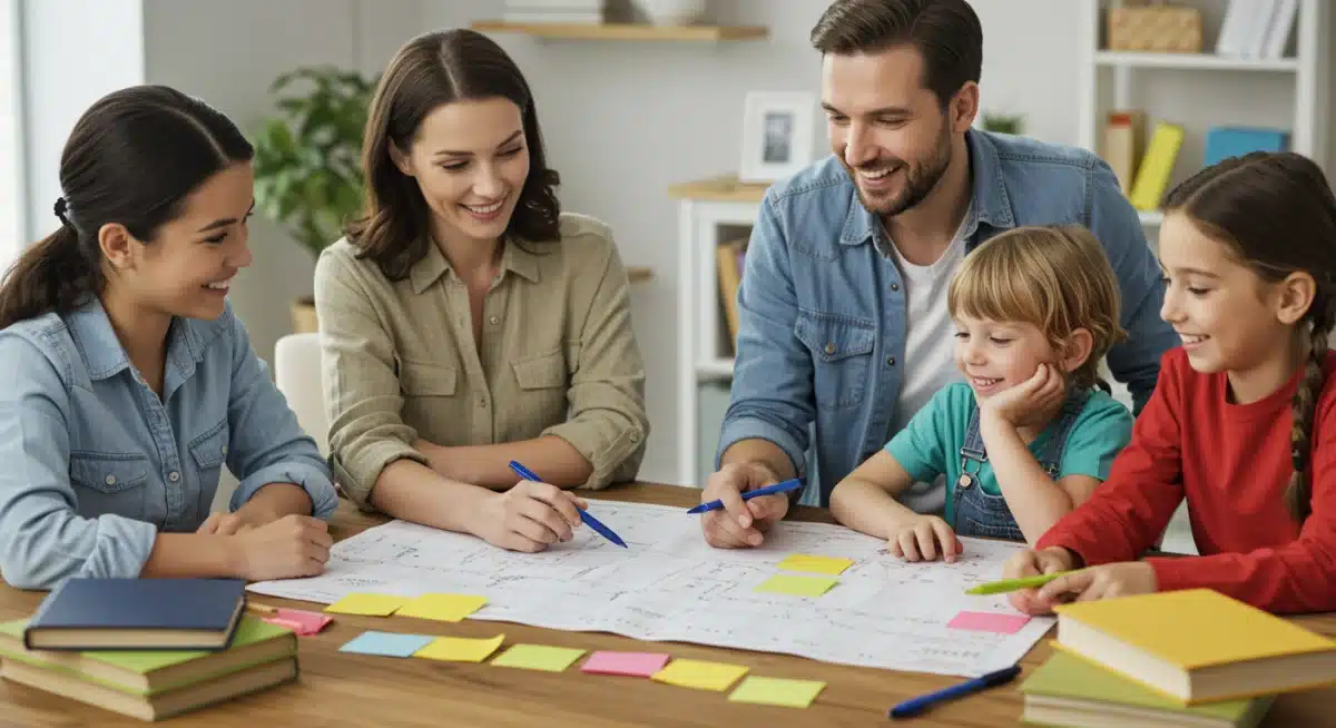 Familia planificando el calendario escolar 2026 y vacaciones, con alegría y organización.