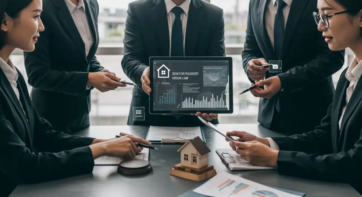 Grupo diverso de personas analizando gráficos y textos legales en una tablet, simbolizando el impacto de la ley de vivienda en diferentes actores del mercado inmobiliario.