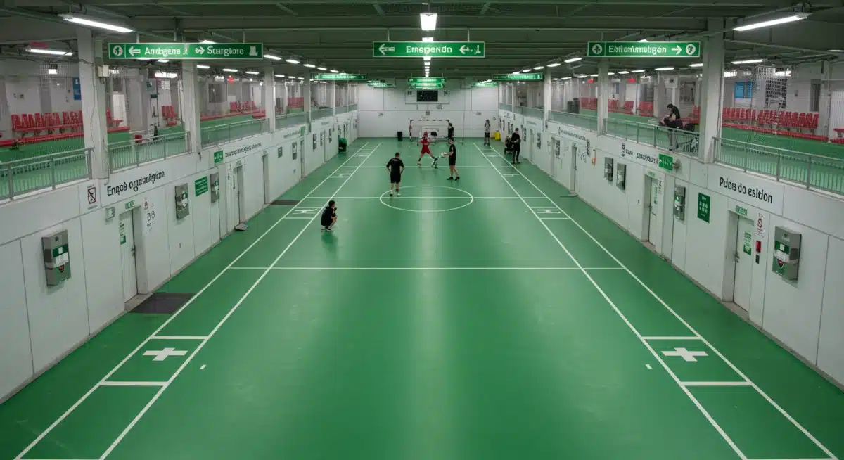 Señalización clara de seguridad y desfibriladores en una instalación deportiva moderna en España.
