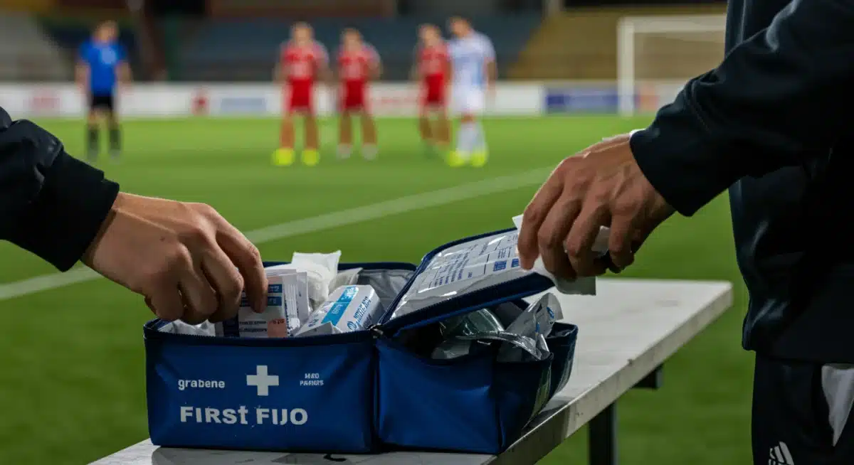Botiquín de primeros auxilios bien equipado en un evento deportivo local español, listo para emergencias.
