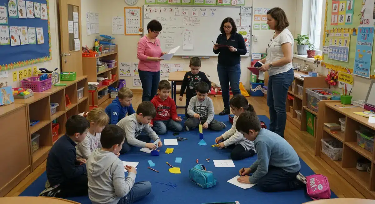 Niños aprendiendo en el aula con la asistencia de un voluntario familiar.