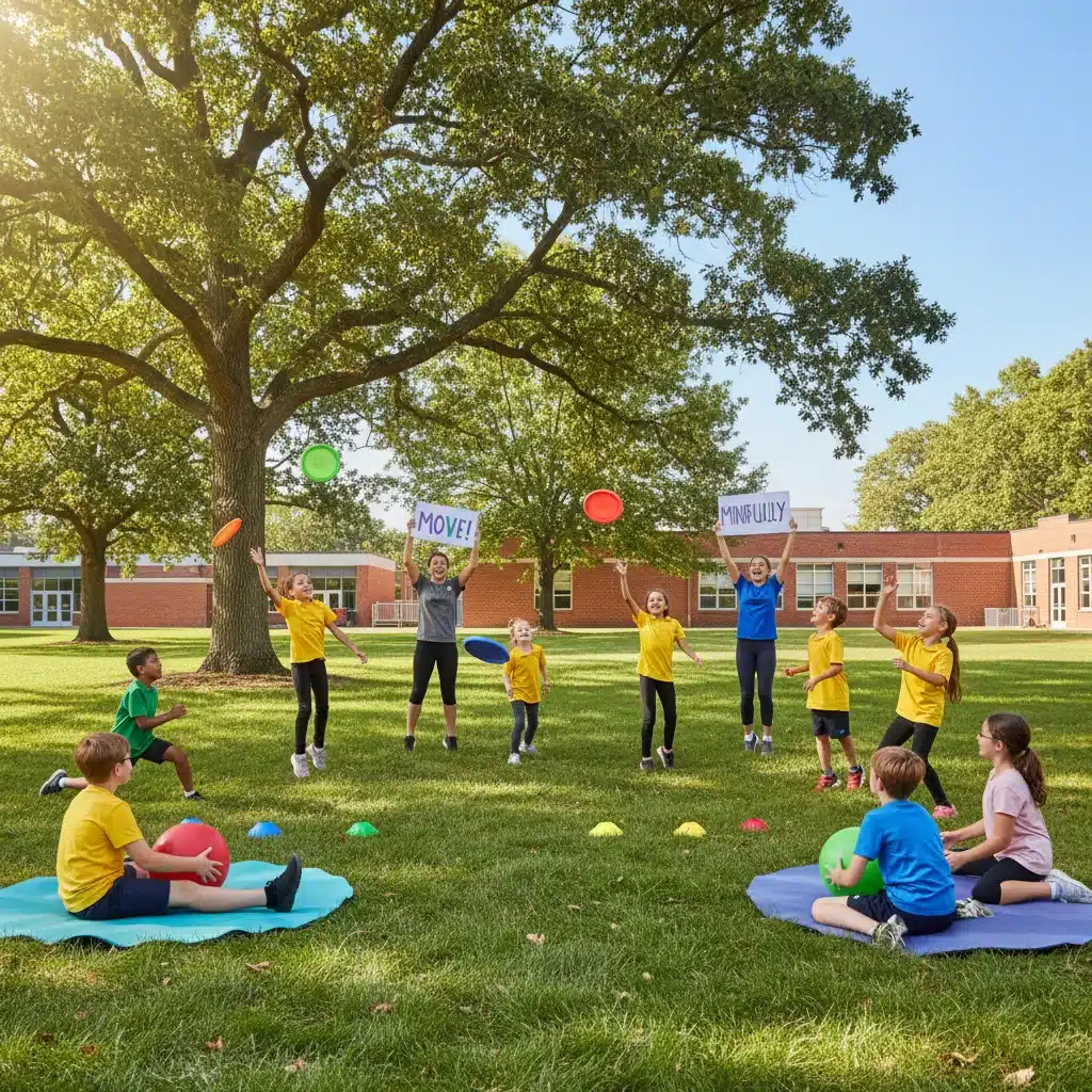 Estudiantes disfrutando de actividades físicas al aire libre en el patio de la escuela, promoviendo el bienestar.