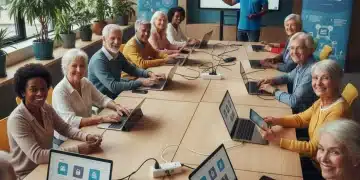 Adultos mayores usando dispositivos digitales de forma segura y sonriente, aprendiendo sobre seguridad online.