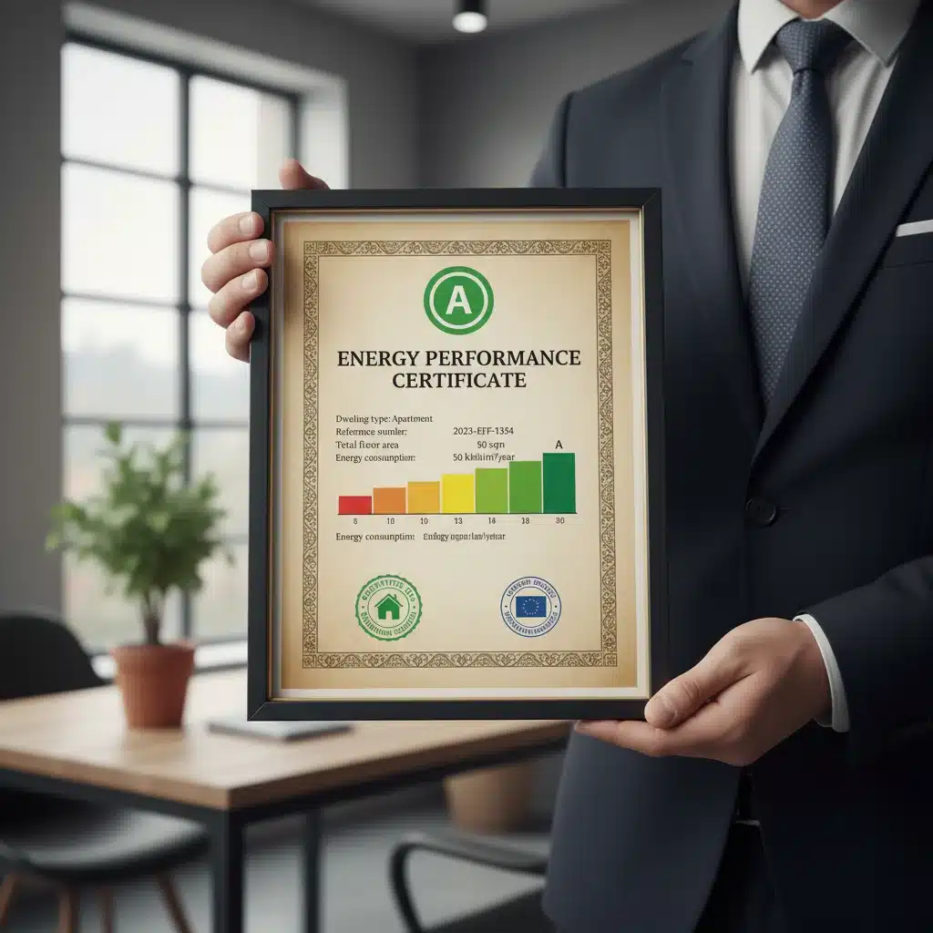 Certificado de eficiencia energética clase A, destacando su importancia en la venta de propiedades.