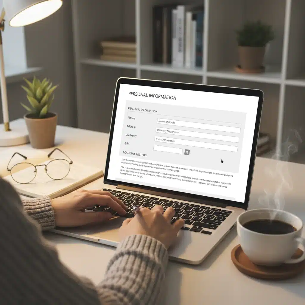 Primer plano de manos completando un formulario de solicitud de beca en línea en una laptop.