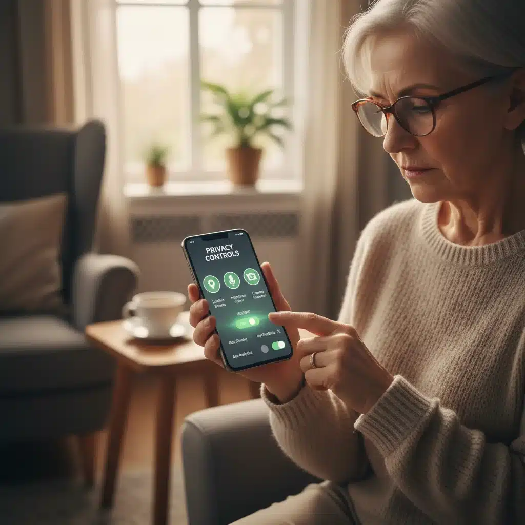 Adulto mayor revisando y ajustando la configuración de privacidad en su smartphone para proteger sus datos personales.