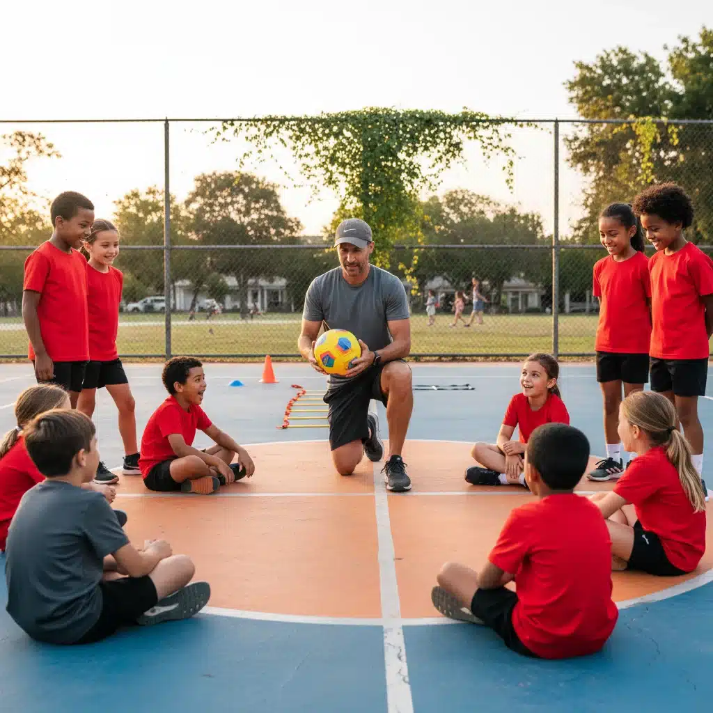 Entrenador voluntario guiando a jóvenes atletas en un entrenamiento.