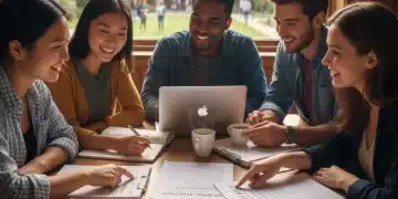 Grupo de estudiantes diversos sonriendo mientras revisan formularios de becas y libros, en un campus universitario.