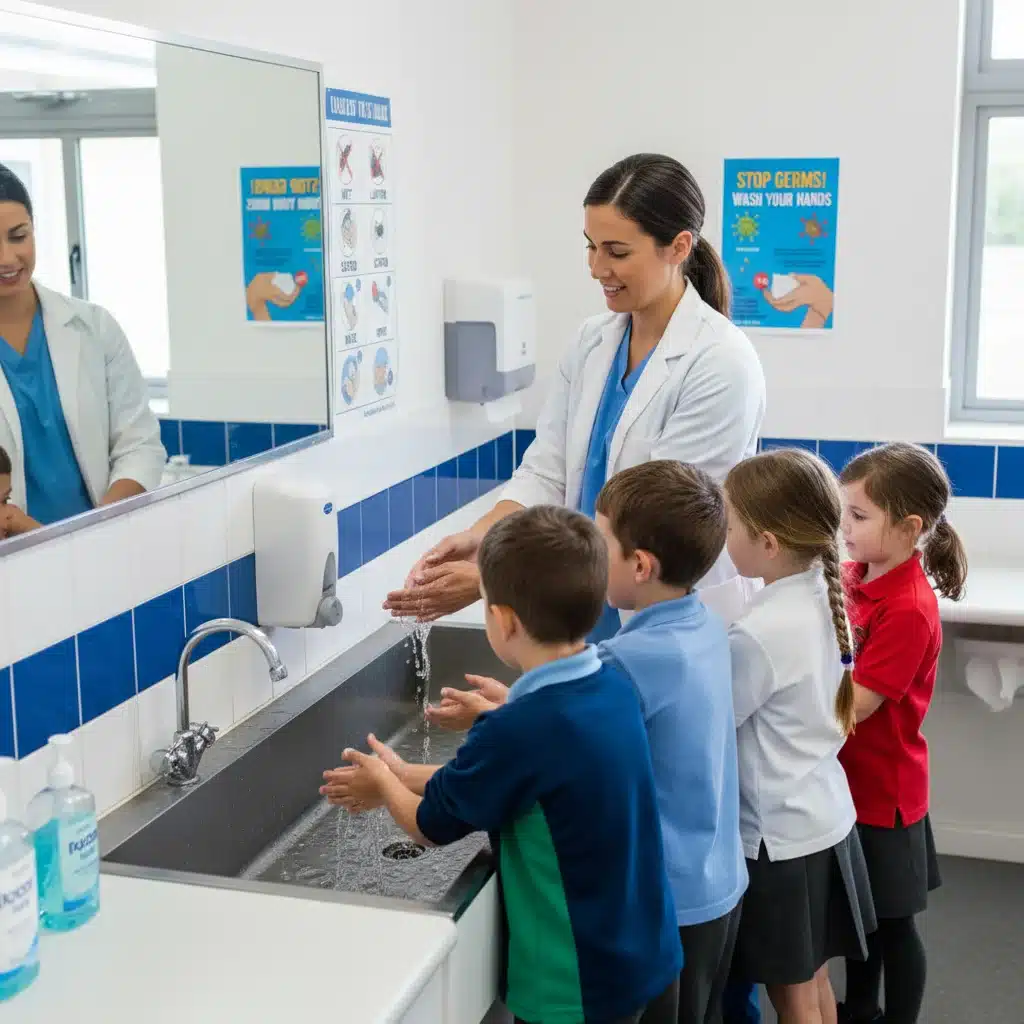 Enfermera escolar enseñando a niños el correcto lavado de manos para prevenir enfermedades.