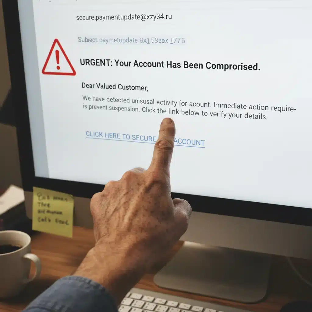 Mano de adulto mayor señalando un correo electrónico sospechoso en una pantalla de computadora, ilustrando un intento de phishing.