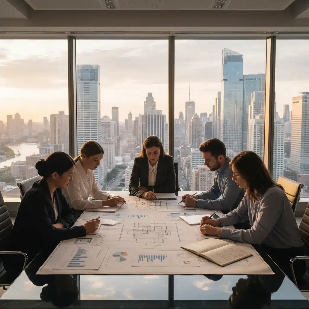 Inversores analizando planos y reportes financieros para nuevas construcciones en España.