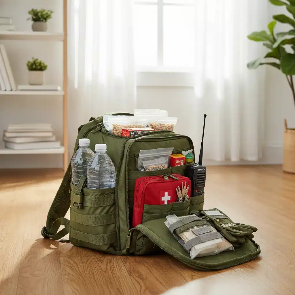Kit de emergencia 'mochila de 72 horas' organizado.