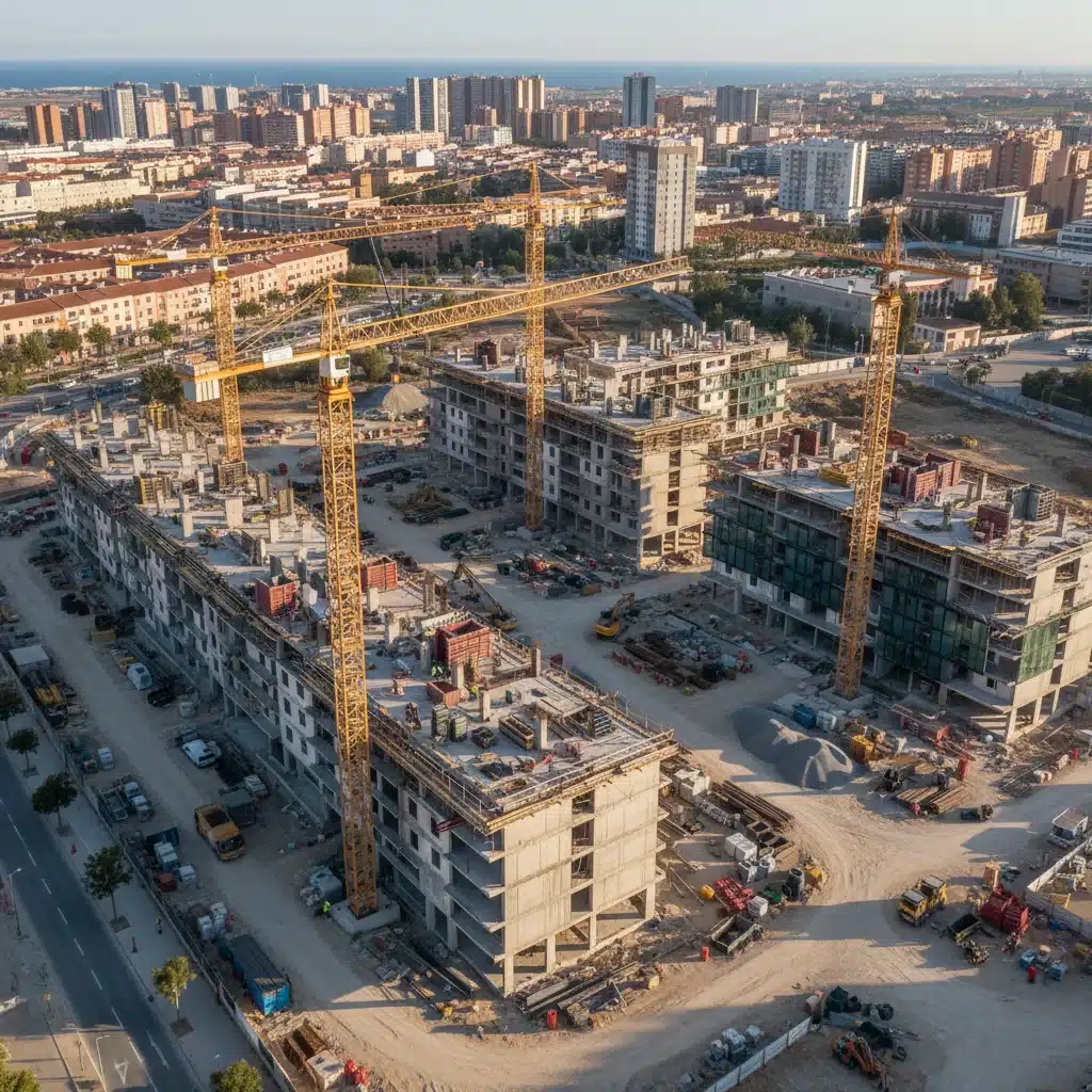 Sitio de construcción a gran escala con grúas en una zona urbana en desarrollo en España.