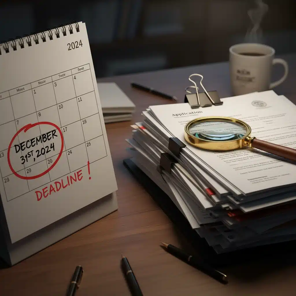 Calendario con el 31 de diciembre marcado, junto a documentos de solicitud y una lupa, representando plazos.