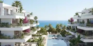 Renderizado moderno de un complejo residencial en la costa española, representando nuevas construcciones e inversiones.