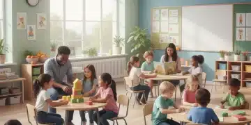 Niños y docentes felices en un aula moderna y segura, reflejando el bienestar escolar.