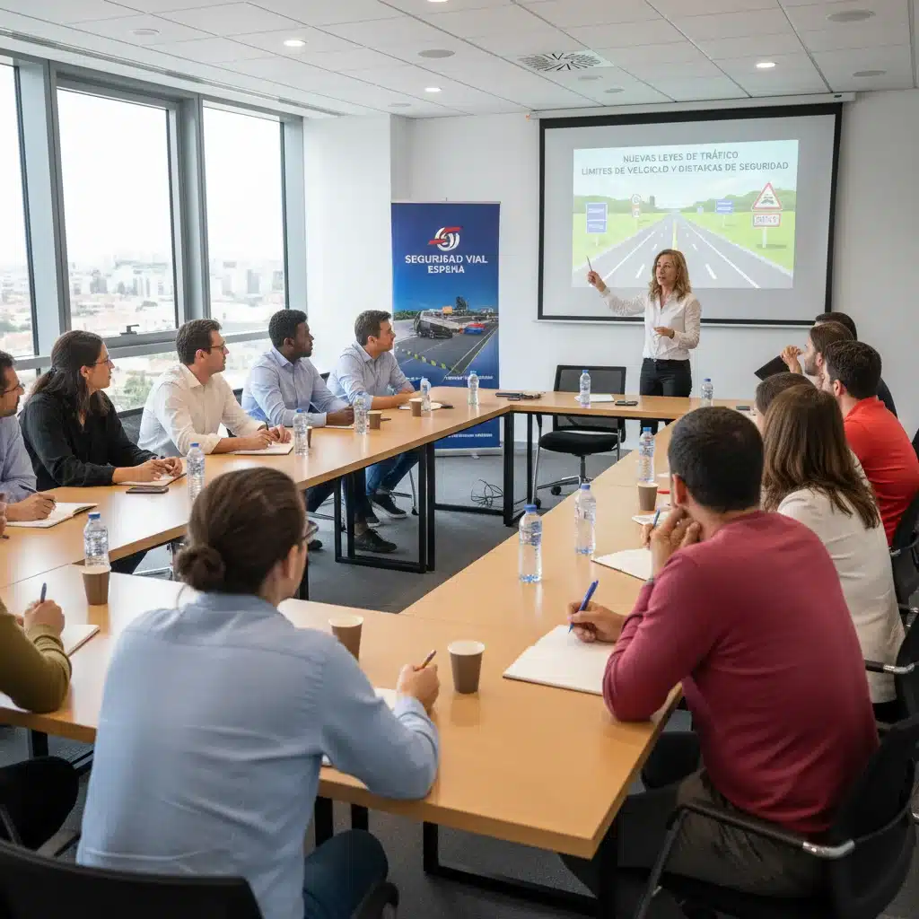 Conductores participando en seminario de seguridad vial sobre nuevas leyes de tráfico en España.