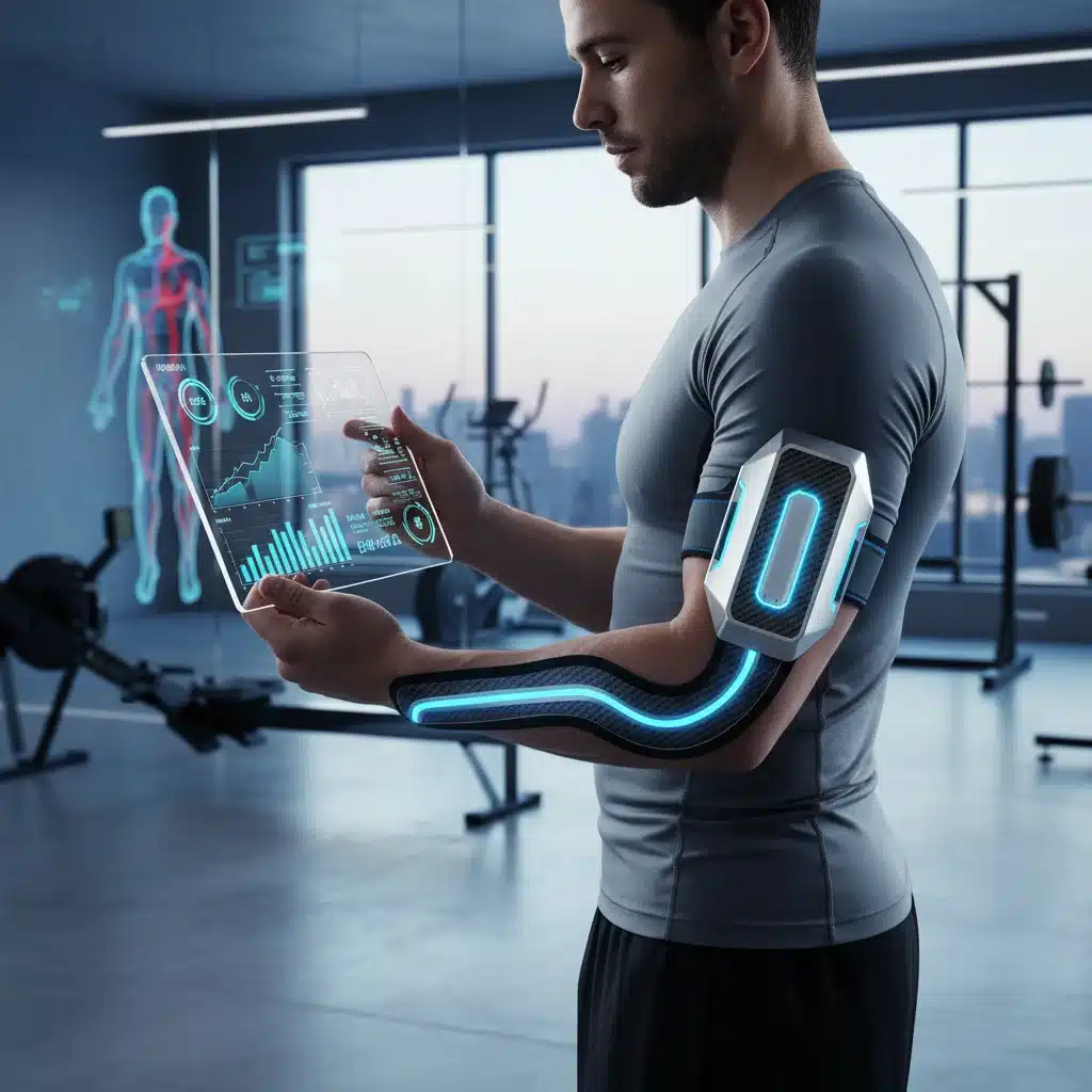 Atleta utilizando sensores wearables para monitorear rendimiento