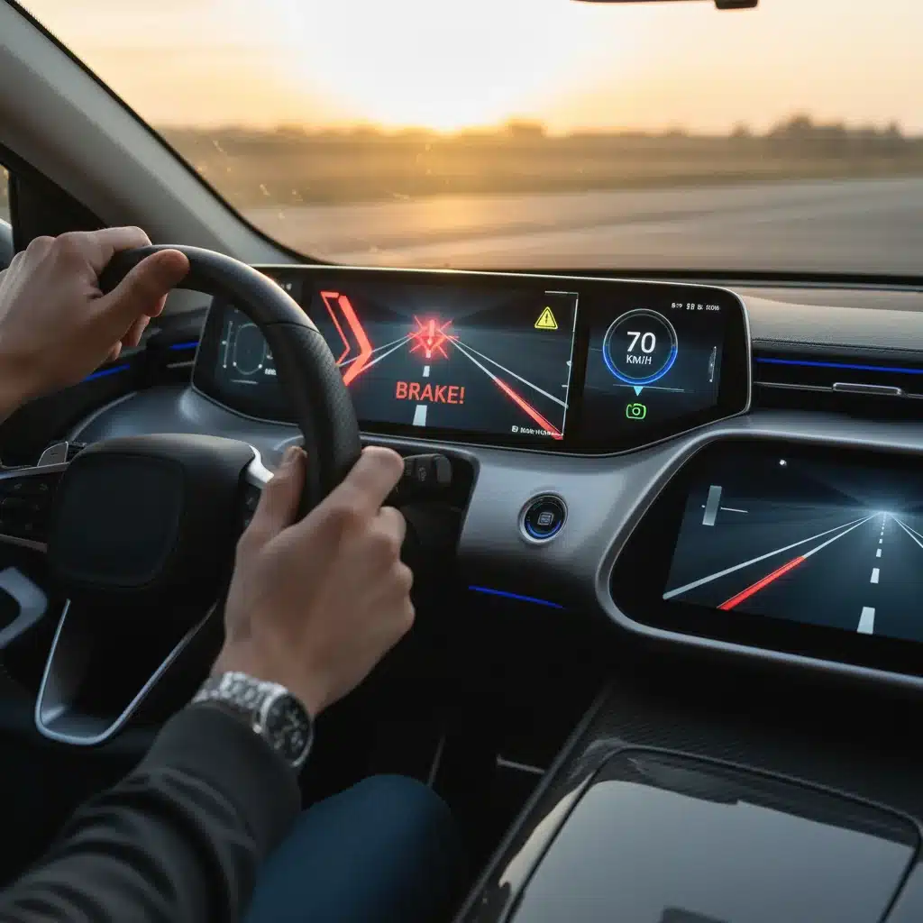 Tablero de auto moderno con sistemas avanzados de asistencia a la conducción (ADAS) y límite de velocidad digital.