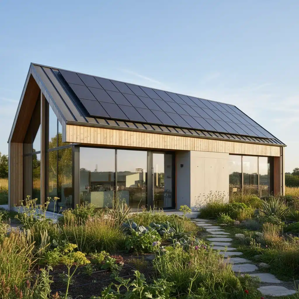 Vivienda moderna y eficiente energéticamente con paneles solares y diseño sostenible.