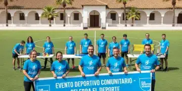 Voluntarios felices colaborando en un evento deportivo local en España.