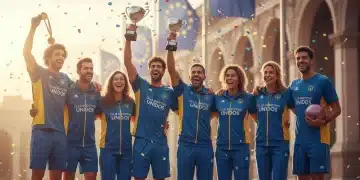 Atletas de un club deportivo español celebrando, con un fondo que sugiere financiación europea.