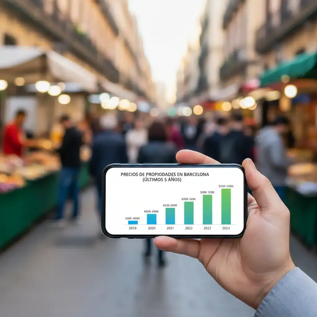 Gráfico comparativo de precios de propiedades en una ciudad española con un smartphone.