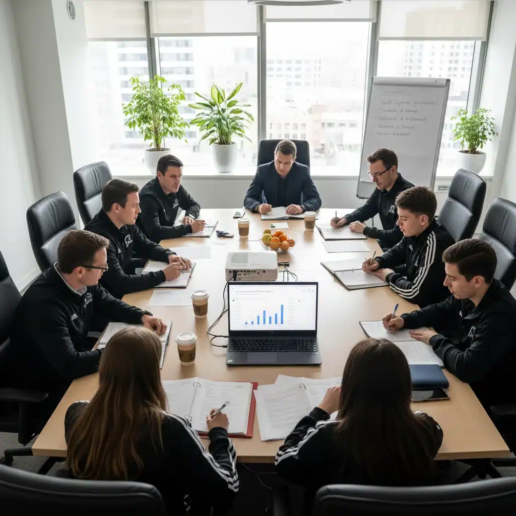 Equipo de club deportivo revisando documentos de solicitud de financiación europea.