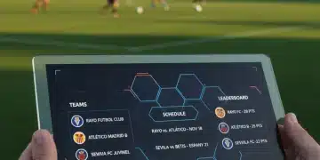 Interfaz digital de plataforma de gestión de ligas deportivas en tableta con fondo de cancha de fútbol local.