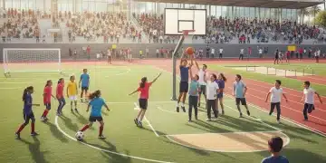 Jóvenes deportistas de diversas disciplinas participando activamente en un complejo deportivo local bajo el sol, simbolizando el crecimiento del deporte juvenil.