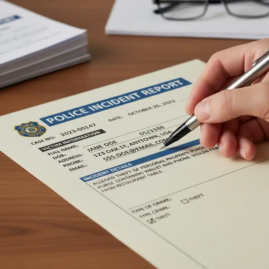 Formulario de denuncia policial siendo completado, con una lapicera y documentos legales sobre una mesa.