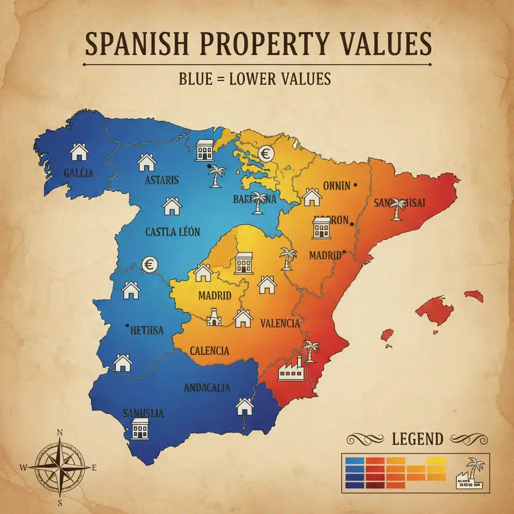 Mapa de España con zonas de valores inmobiliarios diferenciados.