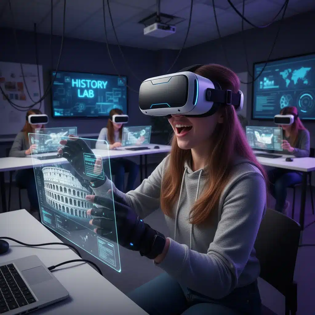 Estudiante argentino experimentando realidad virtual inmersiva en una clase de historia.