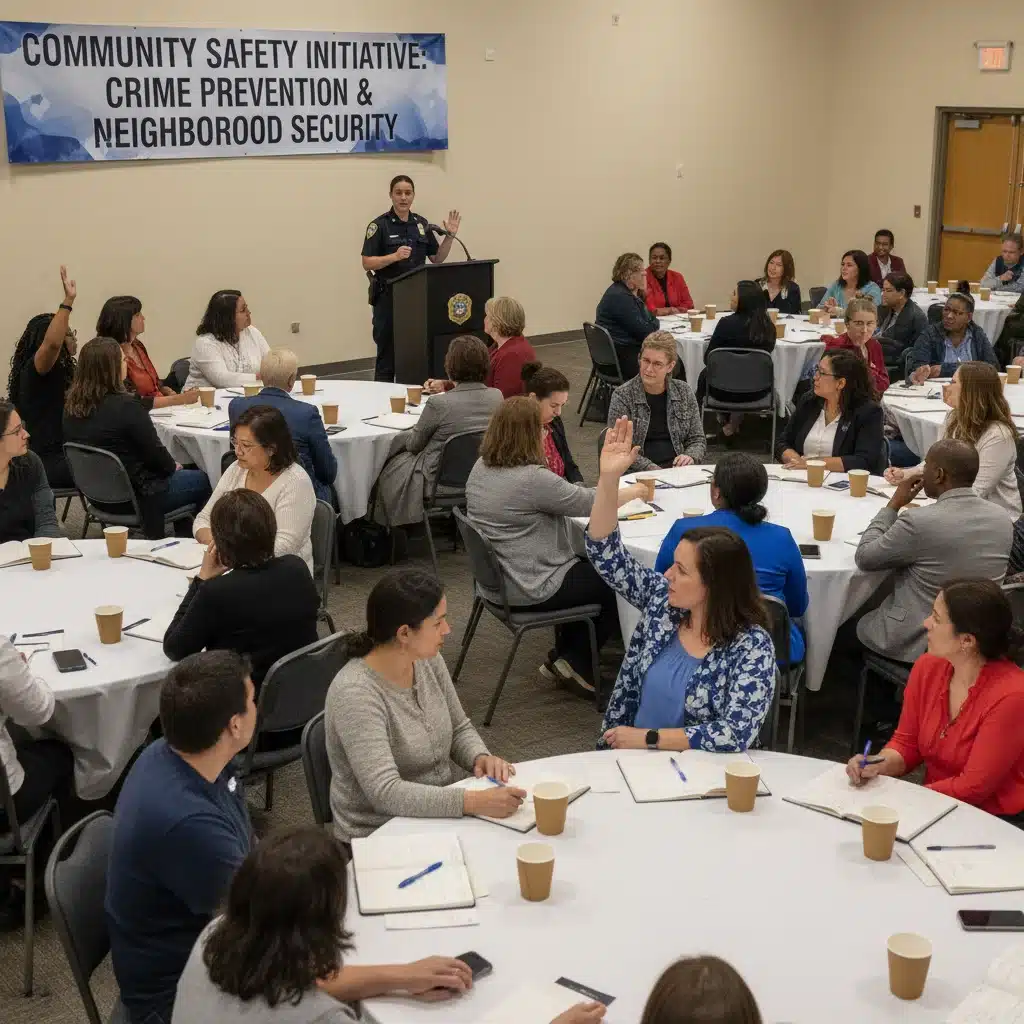 Vecinos participando en una reunión comunitaria con la policía para mejorar la seguridad y prevenir delitos.
