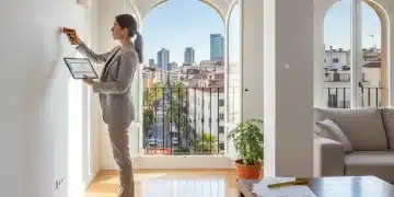 Tasador profesional evaluando un inmueble en España con herramientas modernas.