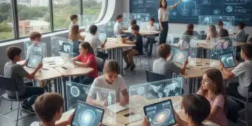 Estudiantes argentinos interactuando con tecnología educativa avanzada en un aula moderna.
