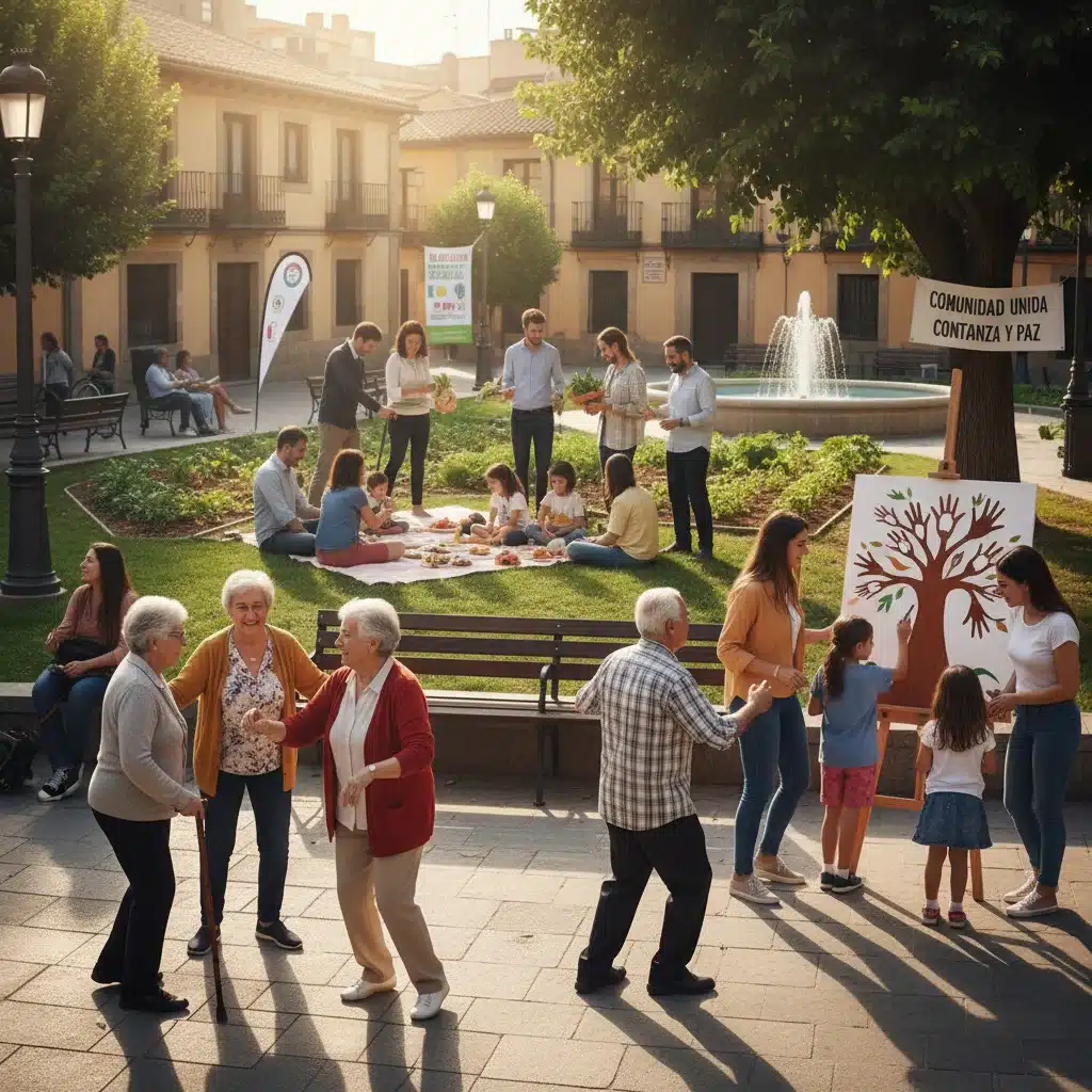 Grupo diverso de ciudadanos españoles disfrutando de un parque público, transmitiendo seguridad y bienestar comunitario.
