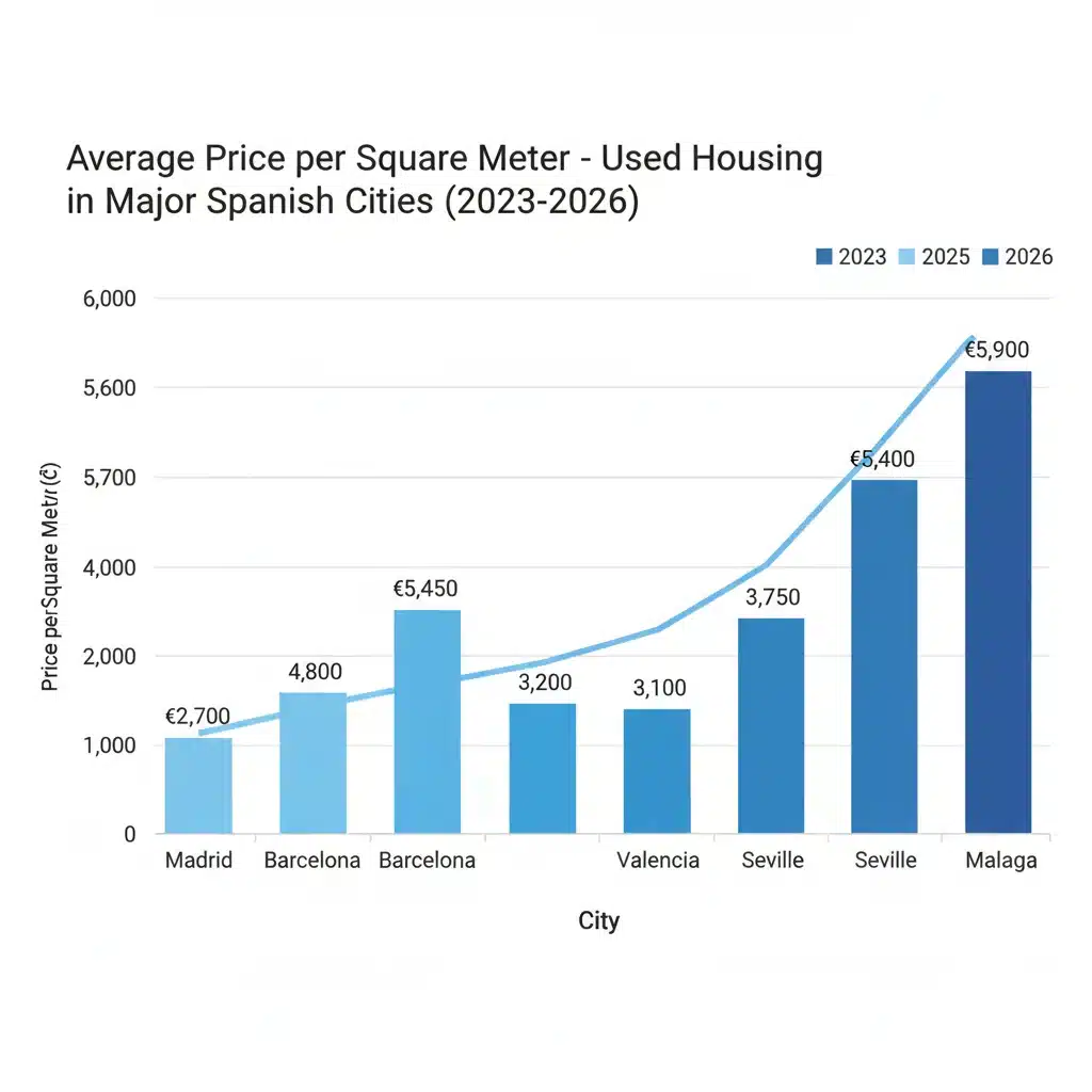 Gráfico de barras comparando los precios promedio por metro cuadrado de vivienda usada en las principales ciudades españolas, 2023-2026.