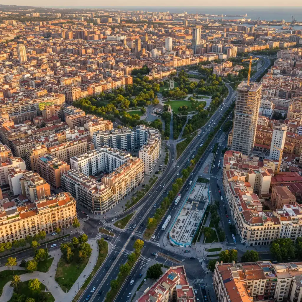 Vista aérea de una ciudad española en crecimiento, con edificios residenciales y desarrollo urbano.