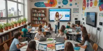 Estudiantes argentinos de diversas edades interactuando en un aula moderna, simbolizando la nueva ley educativa 2026.